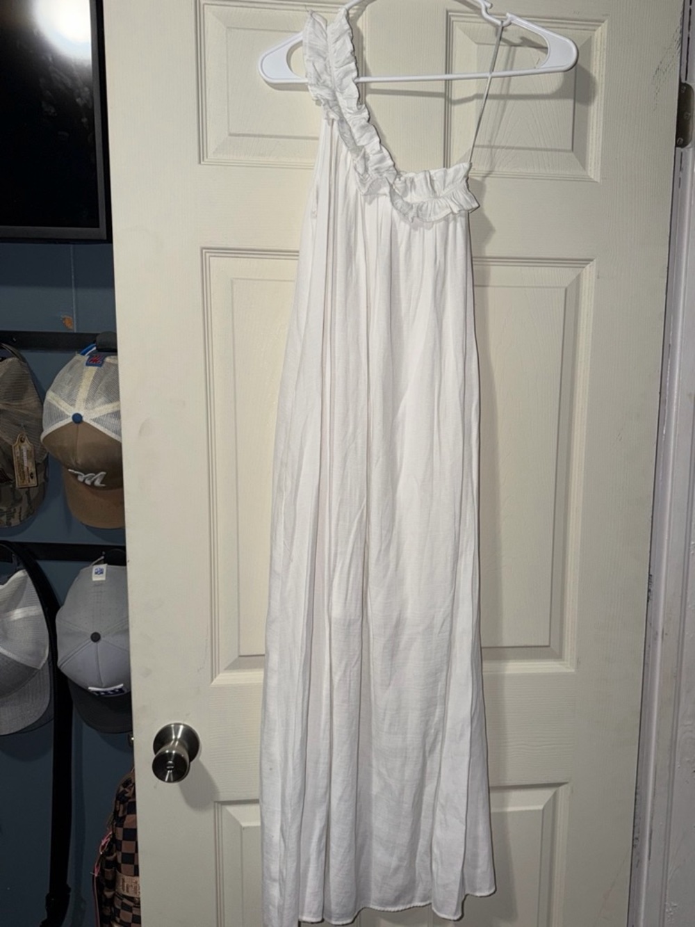 glam White One-Shoulder Ruffle Maxi Dress